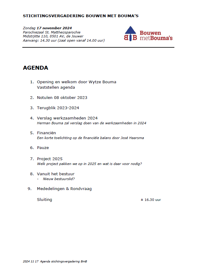 Agenda Stichtingsvergadering 2024